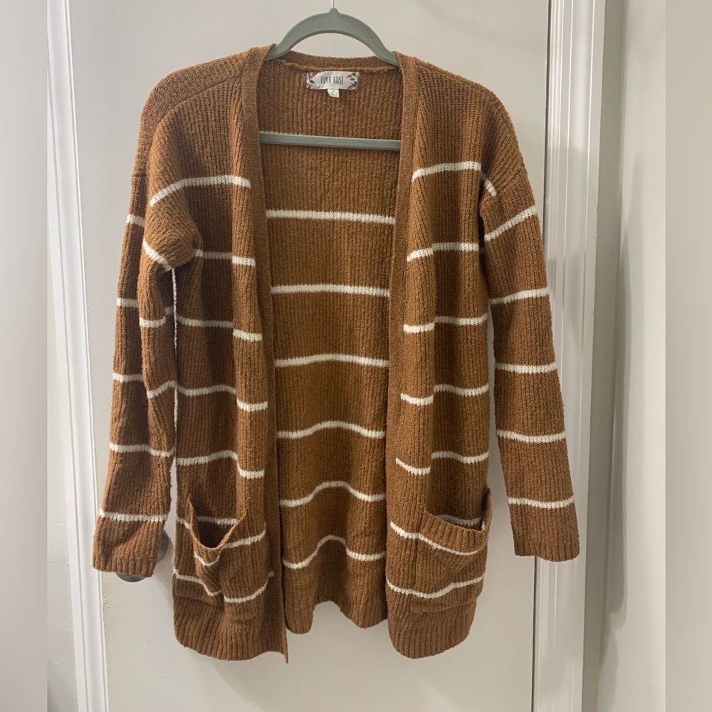 Pink Rose cardigan, warm for winter/fall seasons|light brown with white stripes